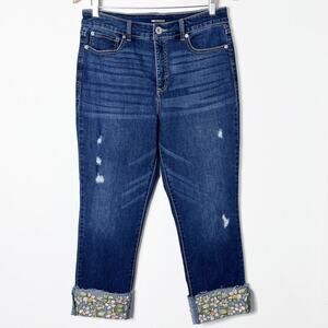 INC Women's Jeans 12/31 Embroidered-Cuff Cropped Dark Wash High Rise Distressed